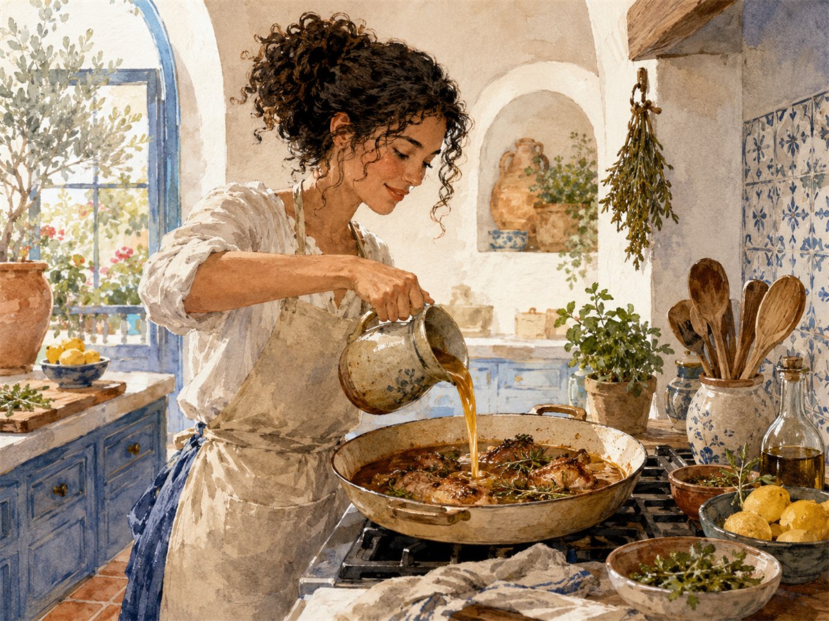 Watercolor illustration of a woman pouring broth into a braising pan