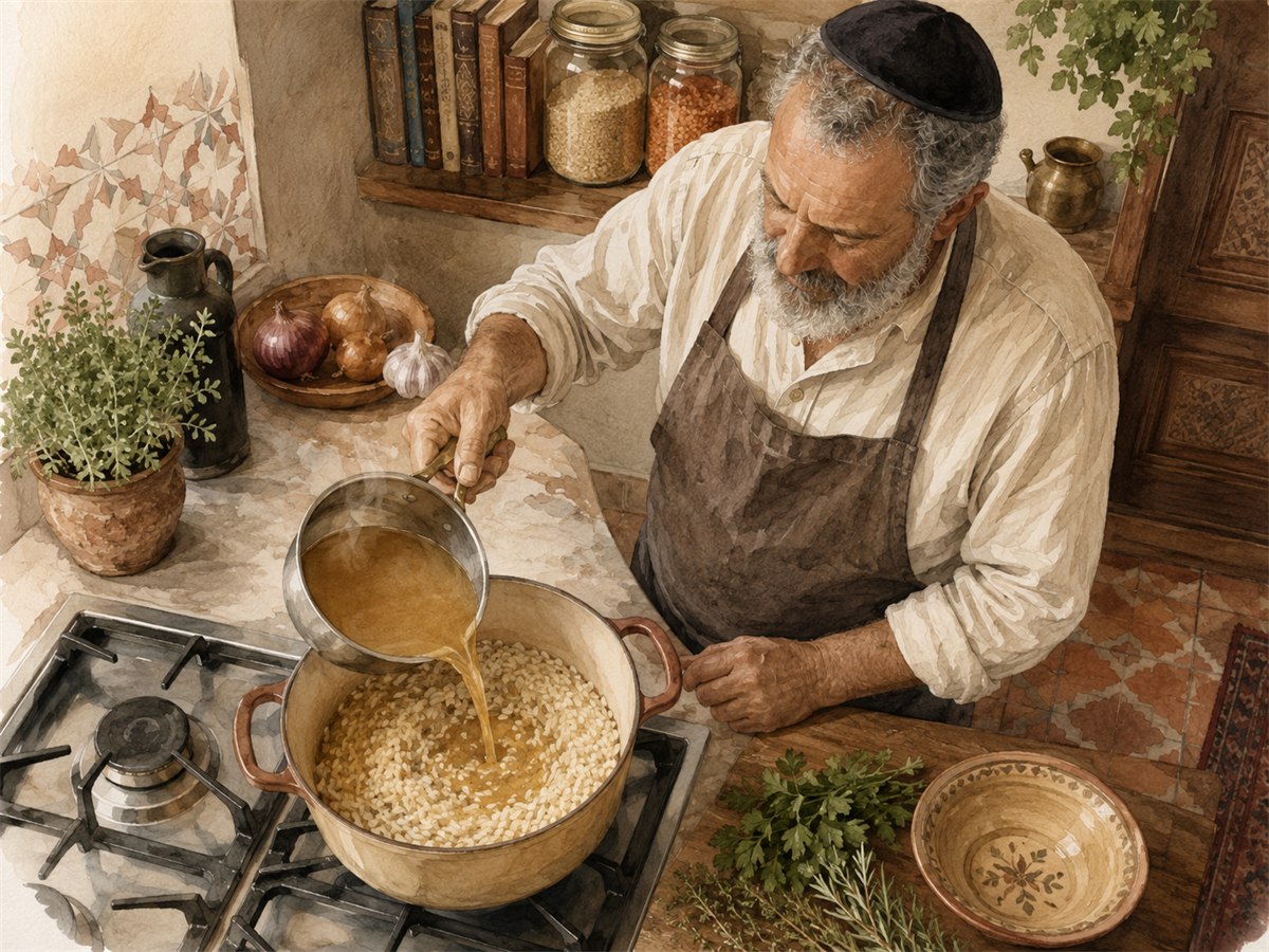 Watercolor illustration of an older man pouring broth into a pot of rice