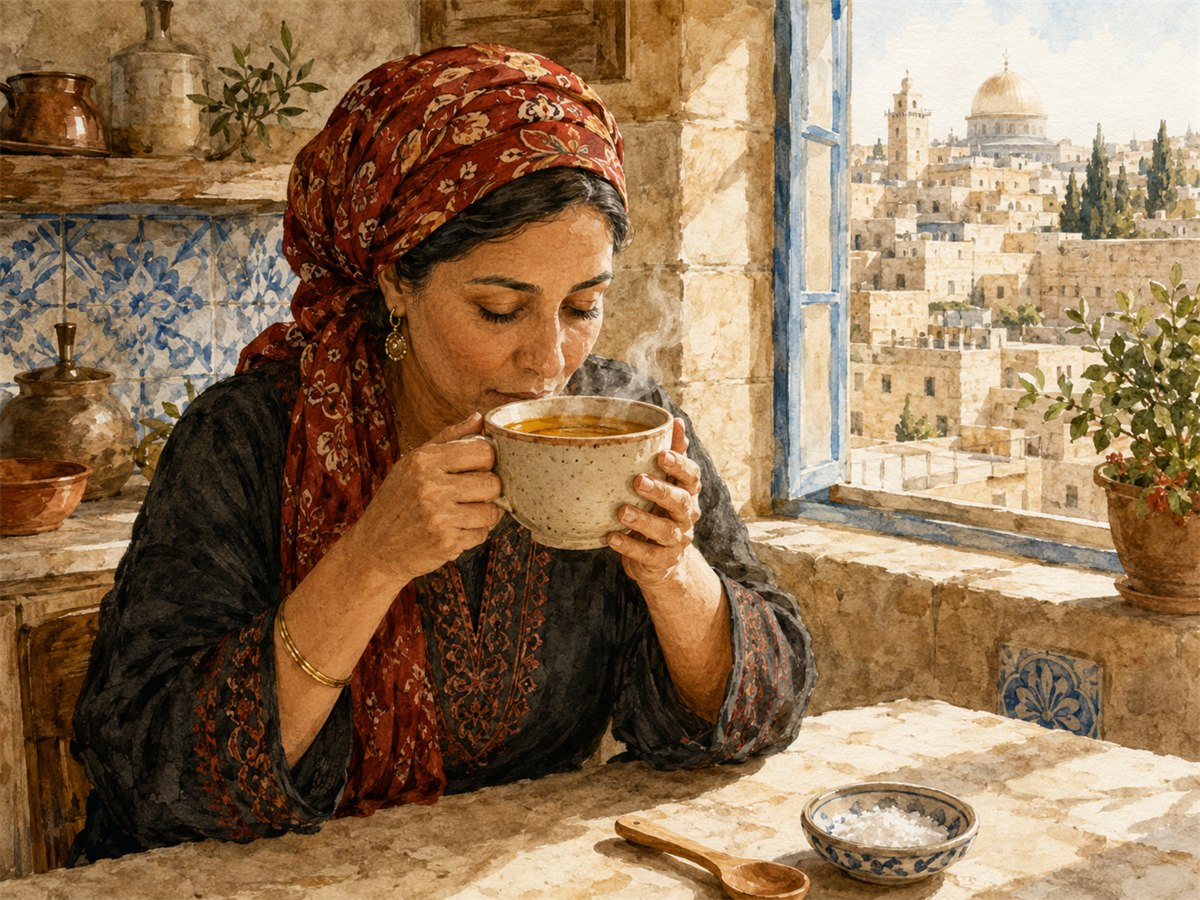 Watercolor illustration of a woman sipping broth from a mug in a Jerusalem-style kitchen