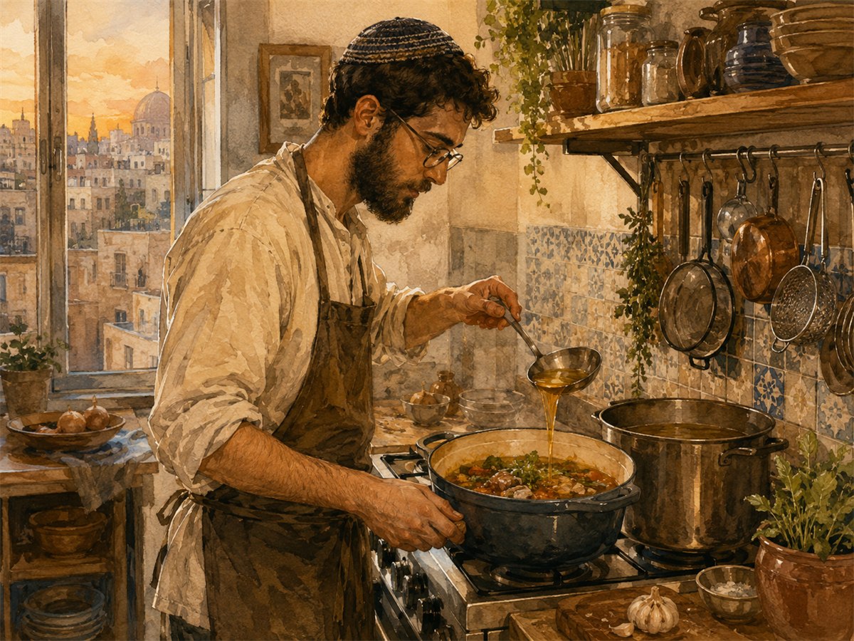 Watercolor illustration of a man ladling broth into a stew pot